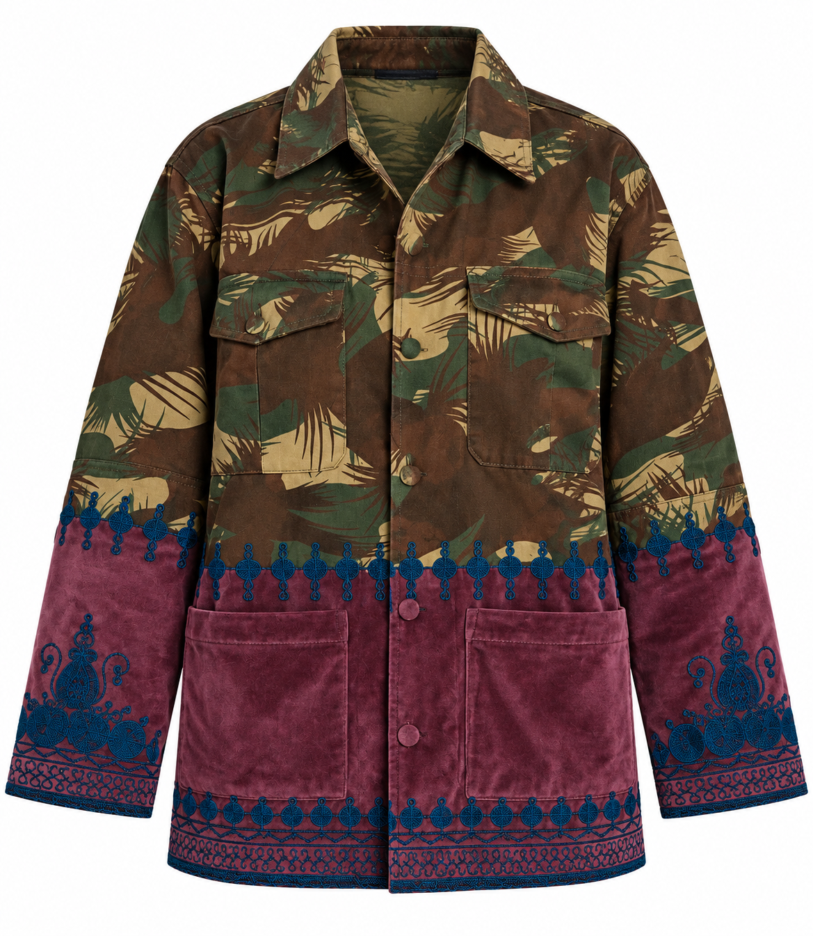 Tún Jacket in Onion velvet with blue embroidery, modeled front view