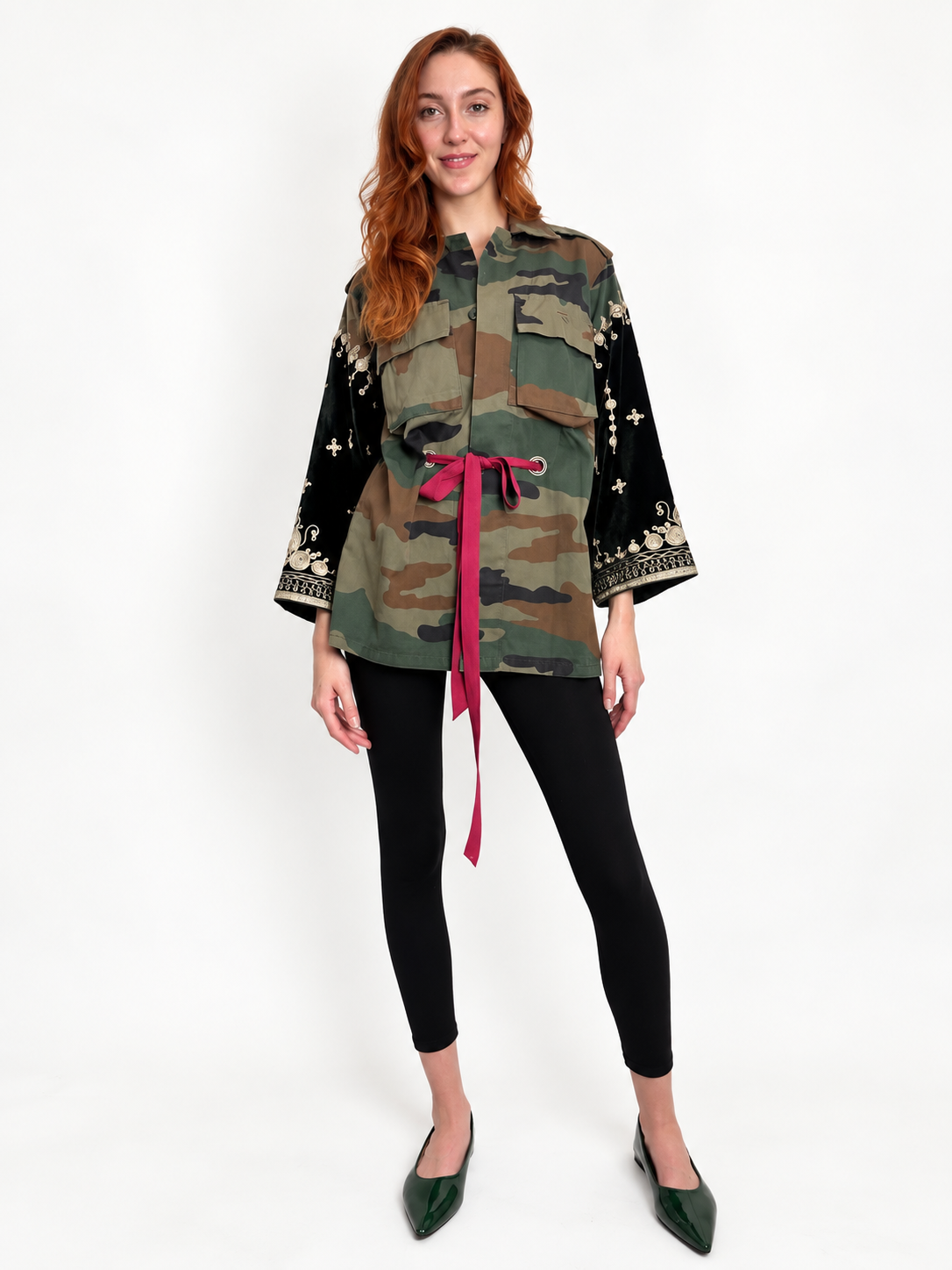 Fẹ́mi Jacket with gold embroidery and red waist tie, front view