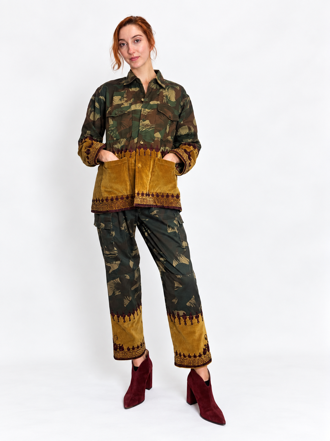 Tún Cargo Pants in Yellow Gold and burgundy styled with matching jacket
