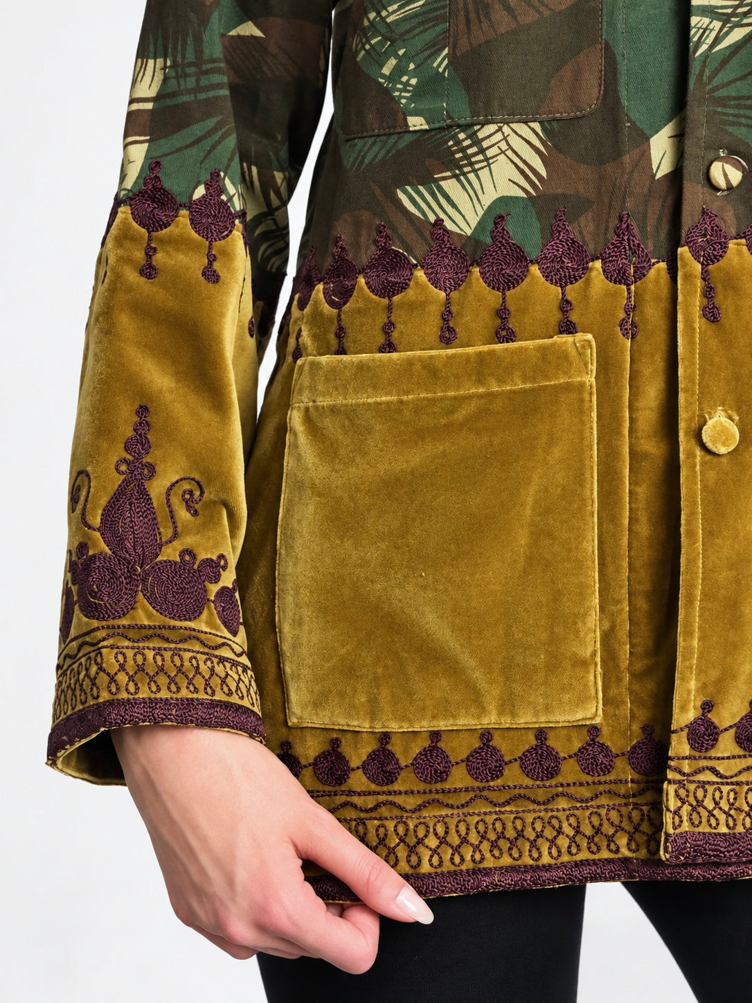 Tún Jacket Yellow Gold velvet and burgundy embroidery sleeve detail