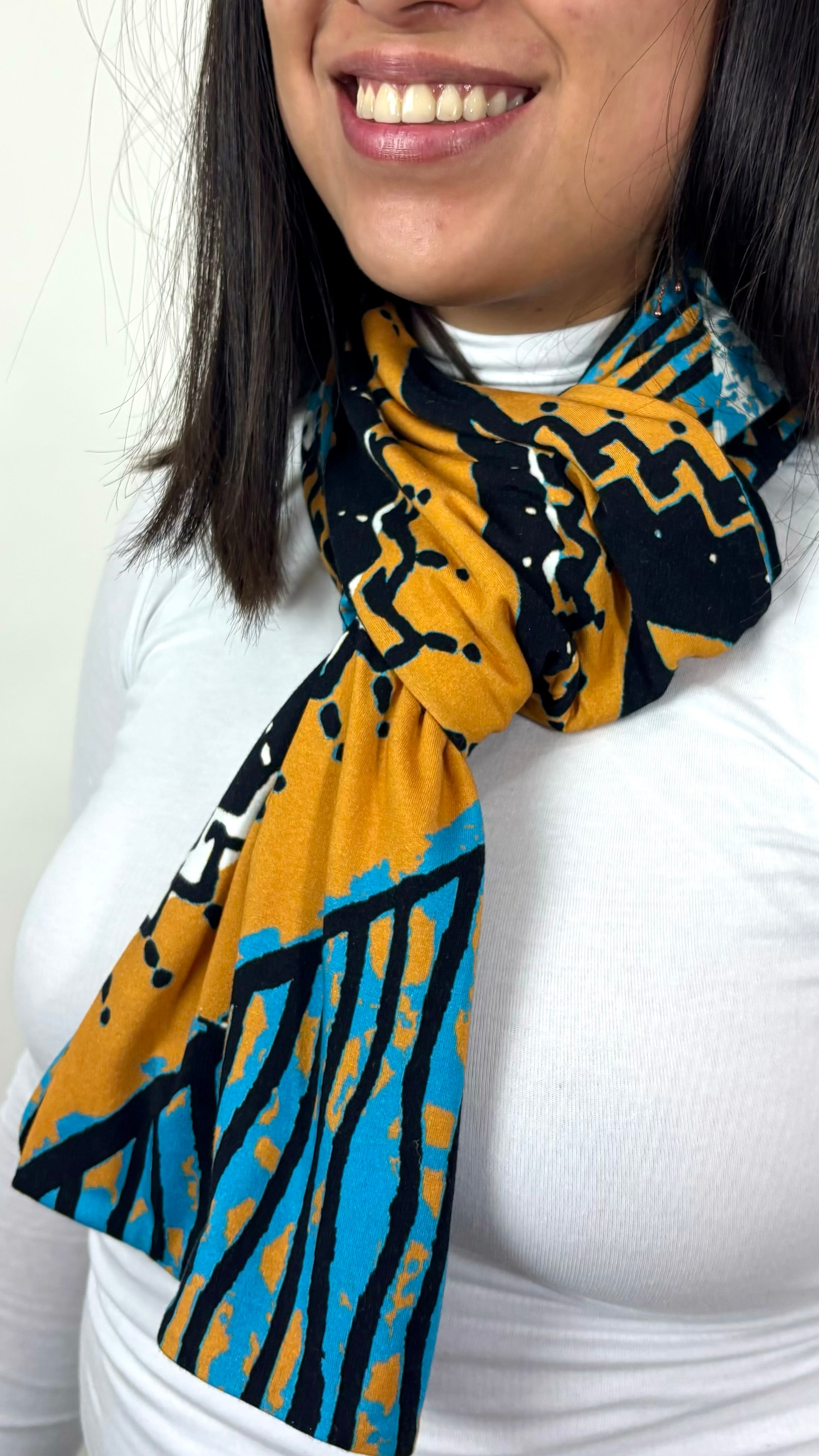 lightweight jersey printed unisex scarf try on view