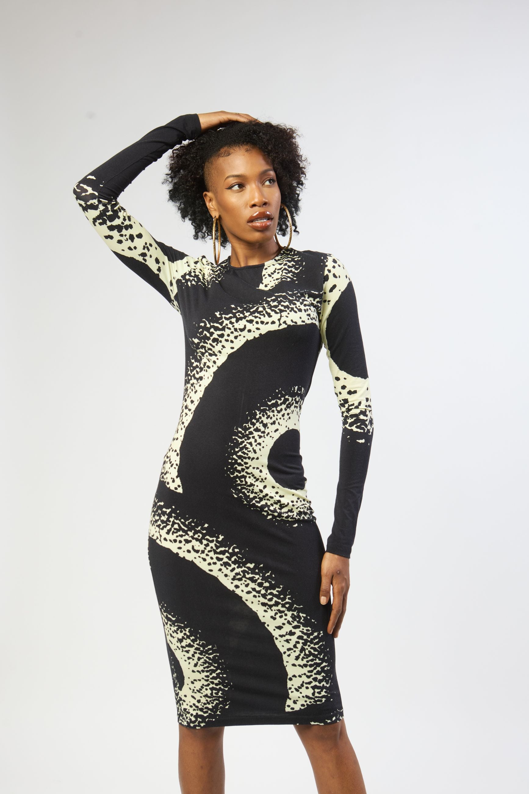 bold graphic print jersey soft womens dress front view