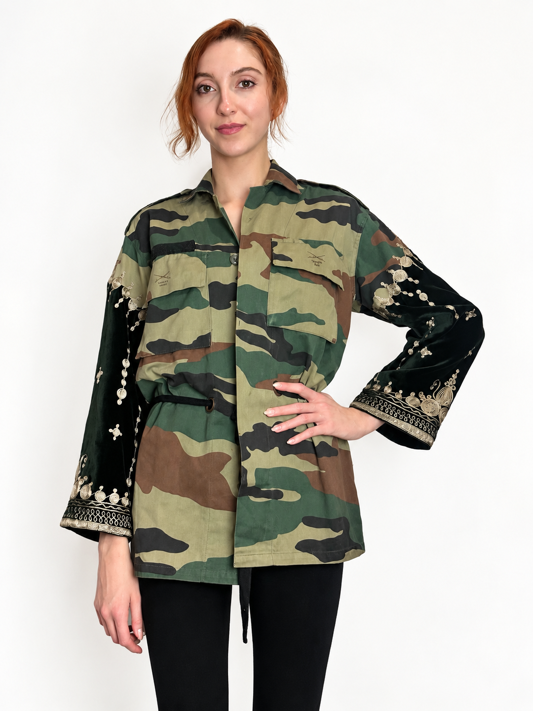 Fẹ́mi Jacket black mirrored-face logo and waist tie detail