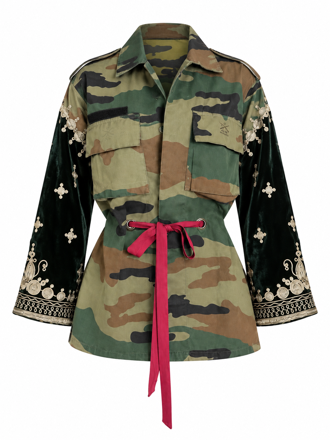 Fẹ́mi Jacket with gold embroidery and red waist tie, modeled front view