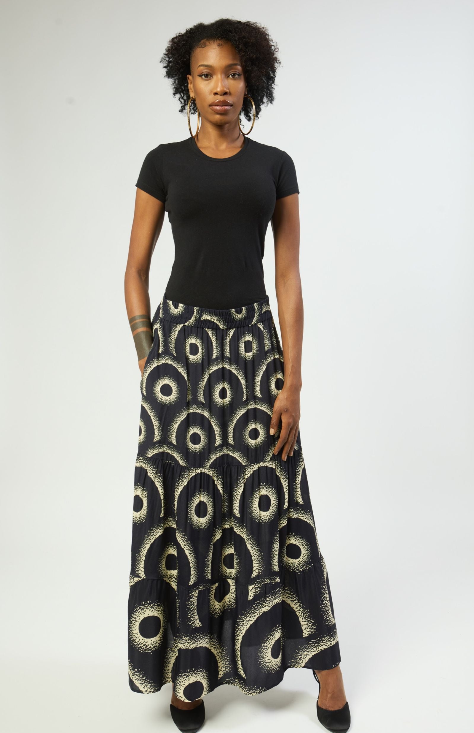stylish sunrise print tiered ecovero maxi skirt front view