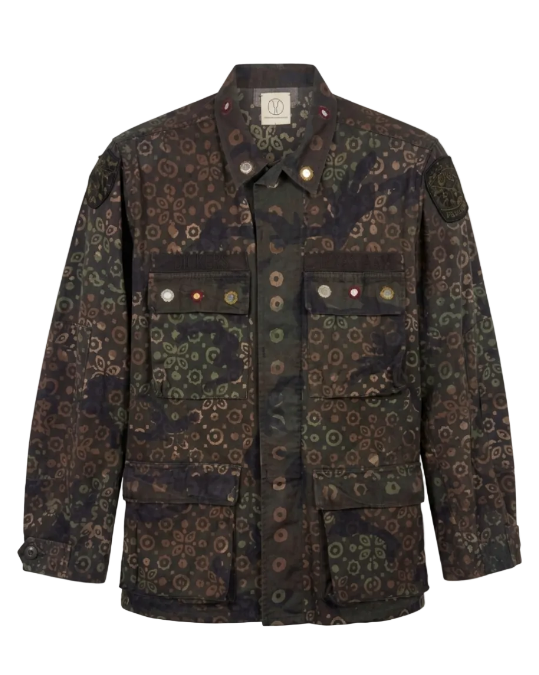 One-of-one vintage army jacket featuring tonal camouflage, natural iron dye process, and artisan mirror embroidery
