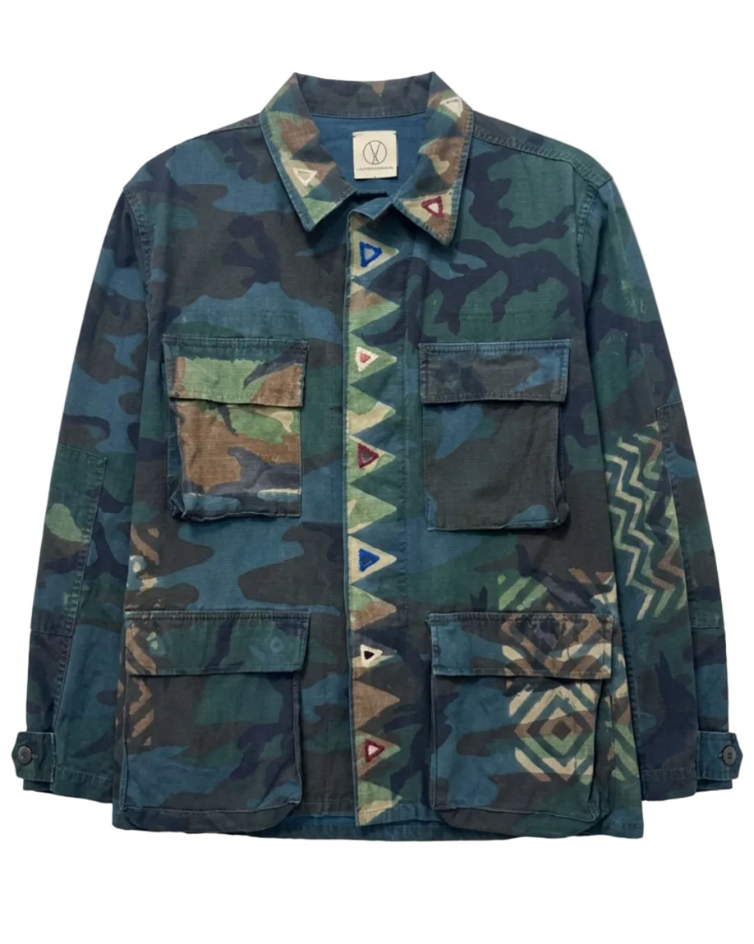 Handmade Indigo dye vintage army jacket with Traditional Kutch Block Print and Rabari mirror embroidery