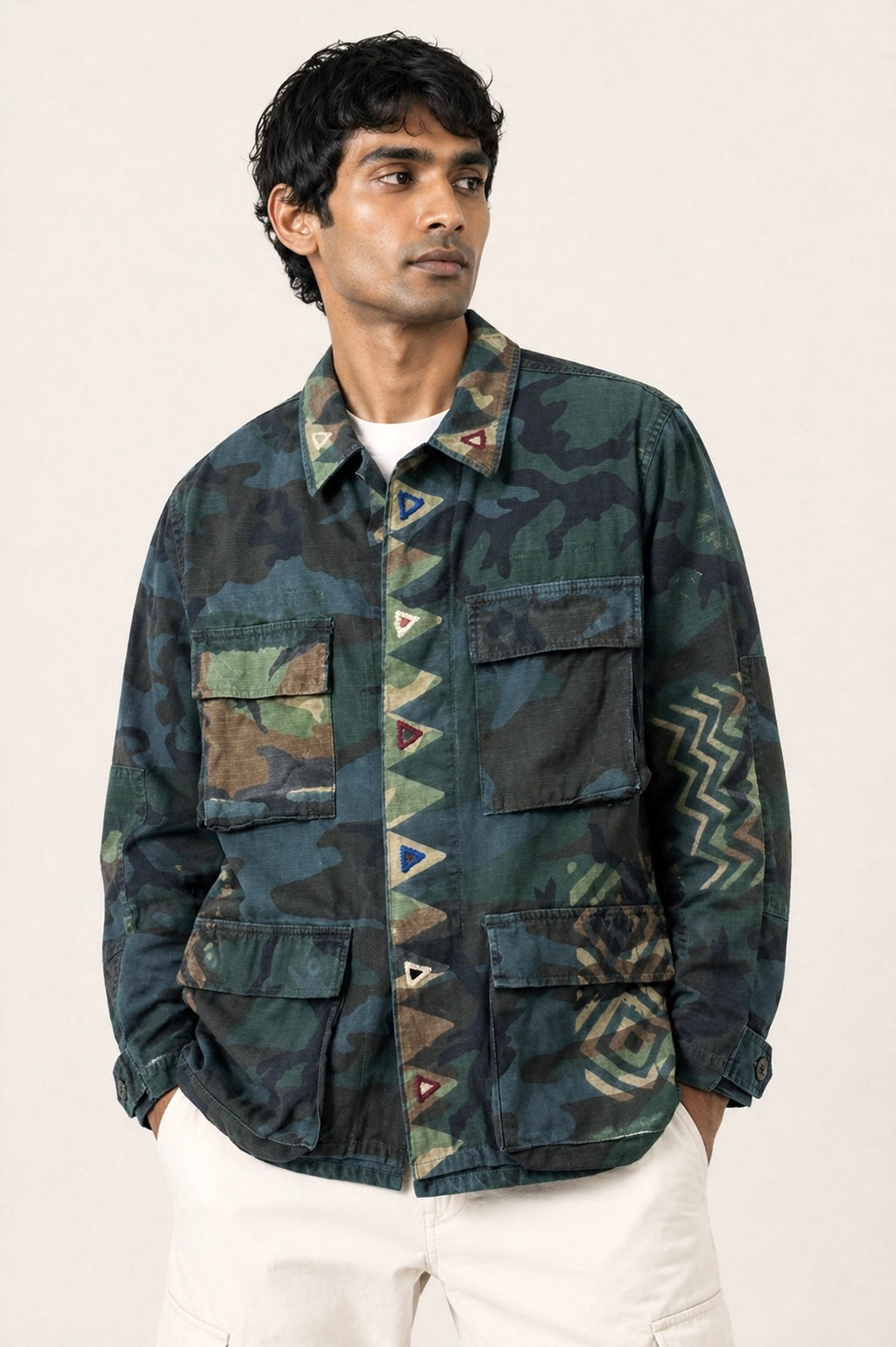 Handmade Indigo dye vintage army jacket with Traditional Kutch Block Print and Rabari mirror embroidery
