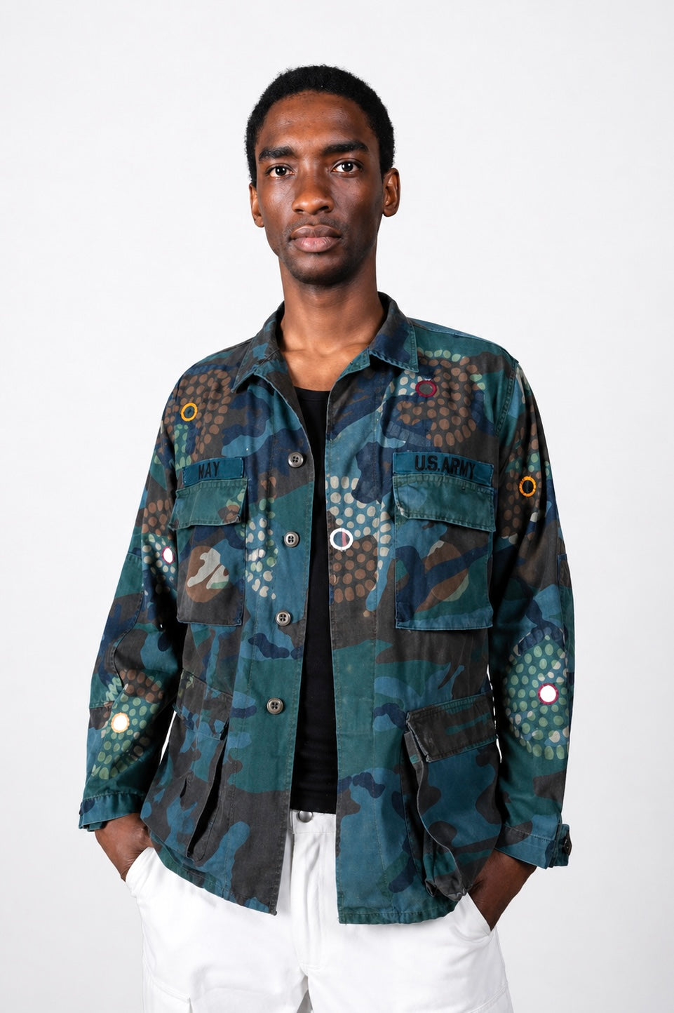 Handmade Indigo dye vintage army jacket with Traditional Kutch Block Print and Rabari mirror embroidery