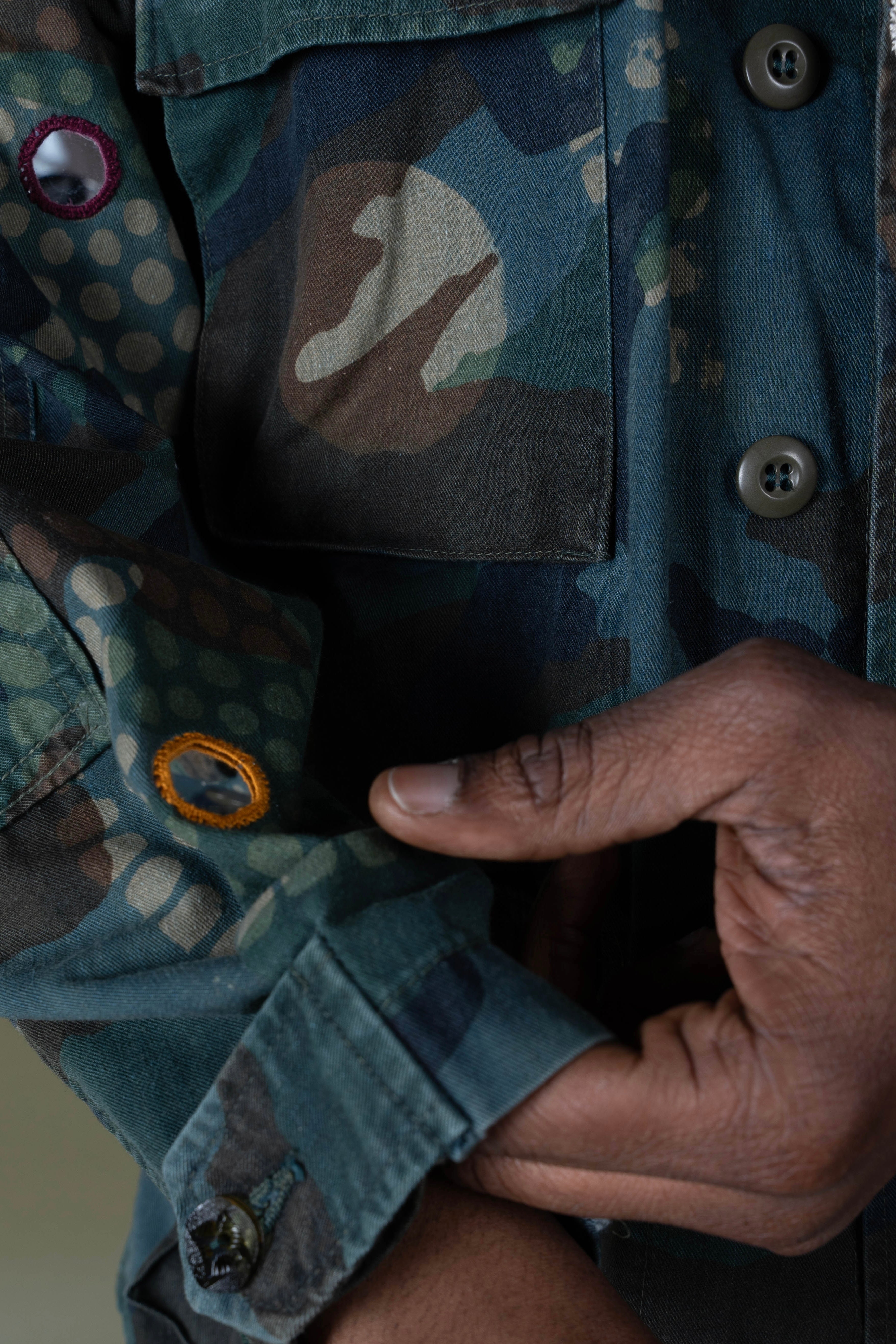 Handmade Indigo dye vintage army jacket with Traditional Kutch Block Print and Rabari mirror embroidery
