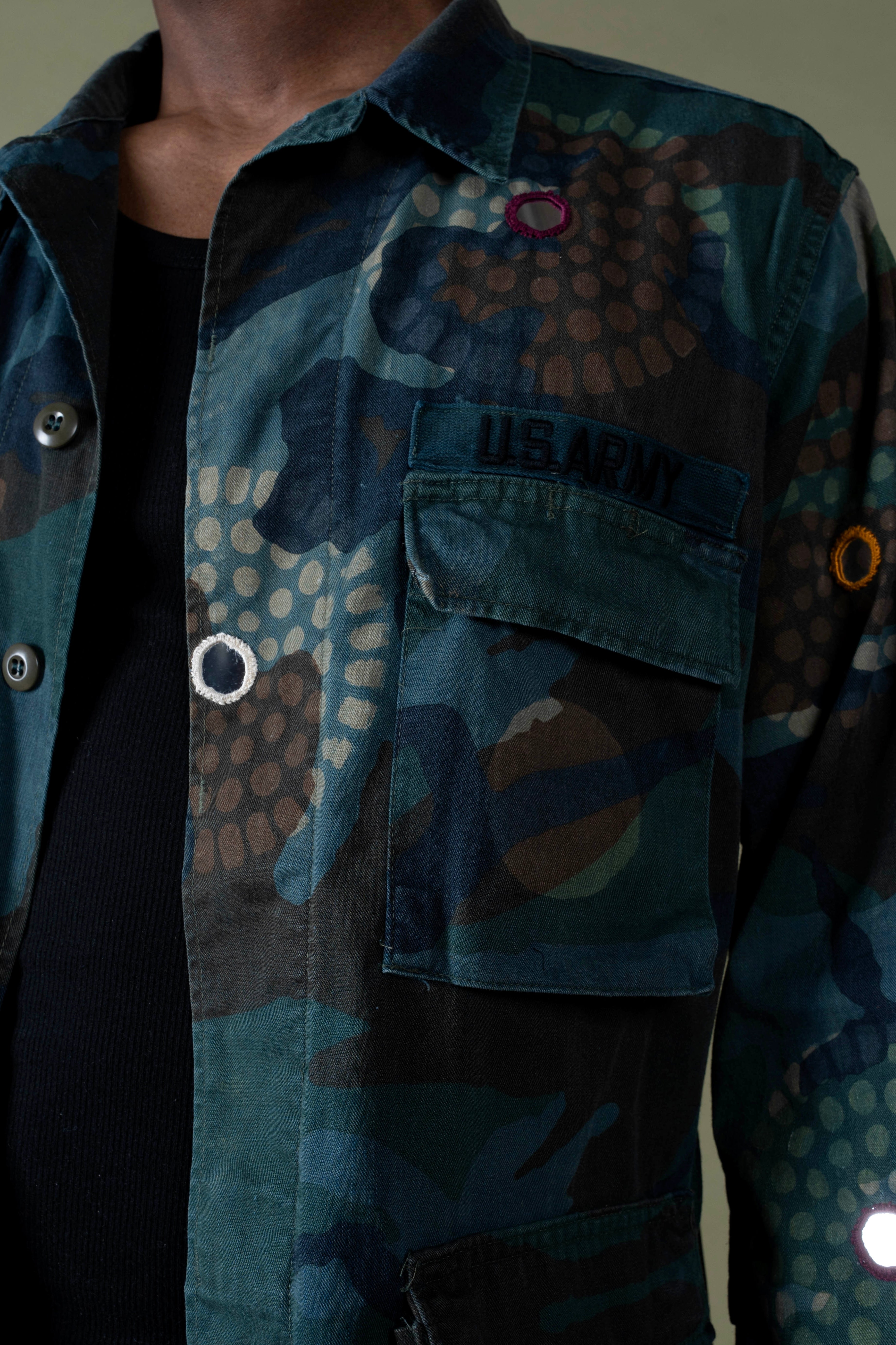 Handmade Indigo dye vintage army jacket with Traditional Kutch Block Print and Rabari mirror embroidery