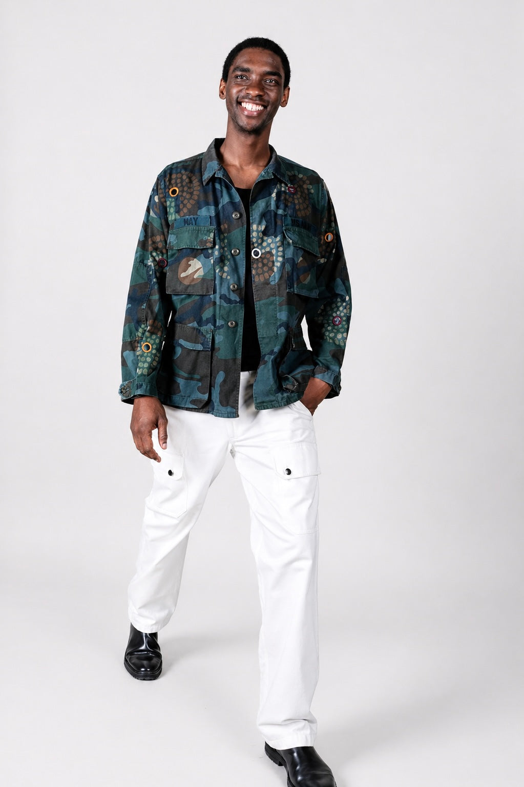 Handmade Indigo dye vintage army jacket with Traditional Kutch Block Print and Rabari mirror embroidery