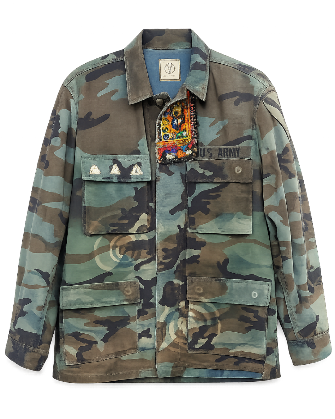 Handmade Indigo dye vintage army jacket with Traditional Kutch Block Print and Rabari mirror embroidery