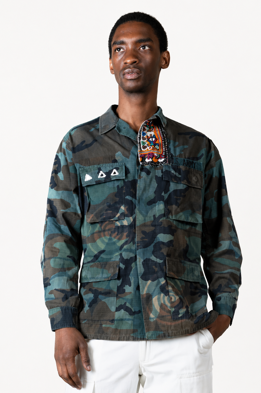 Handmade Indigo dye vintage army jacket with Traditional Kutch Block Print and Rabari mirror embroidery