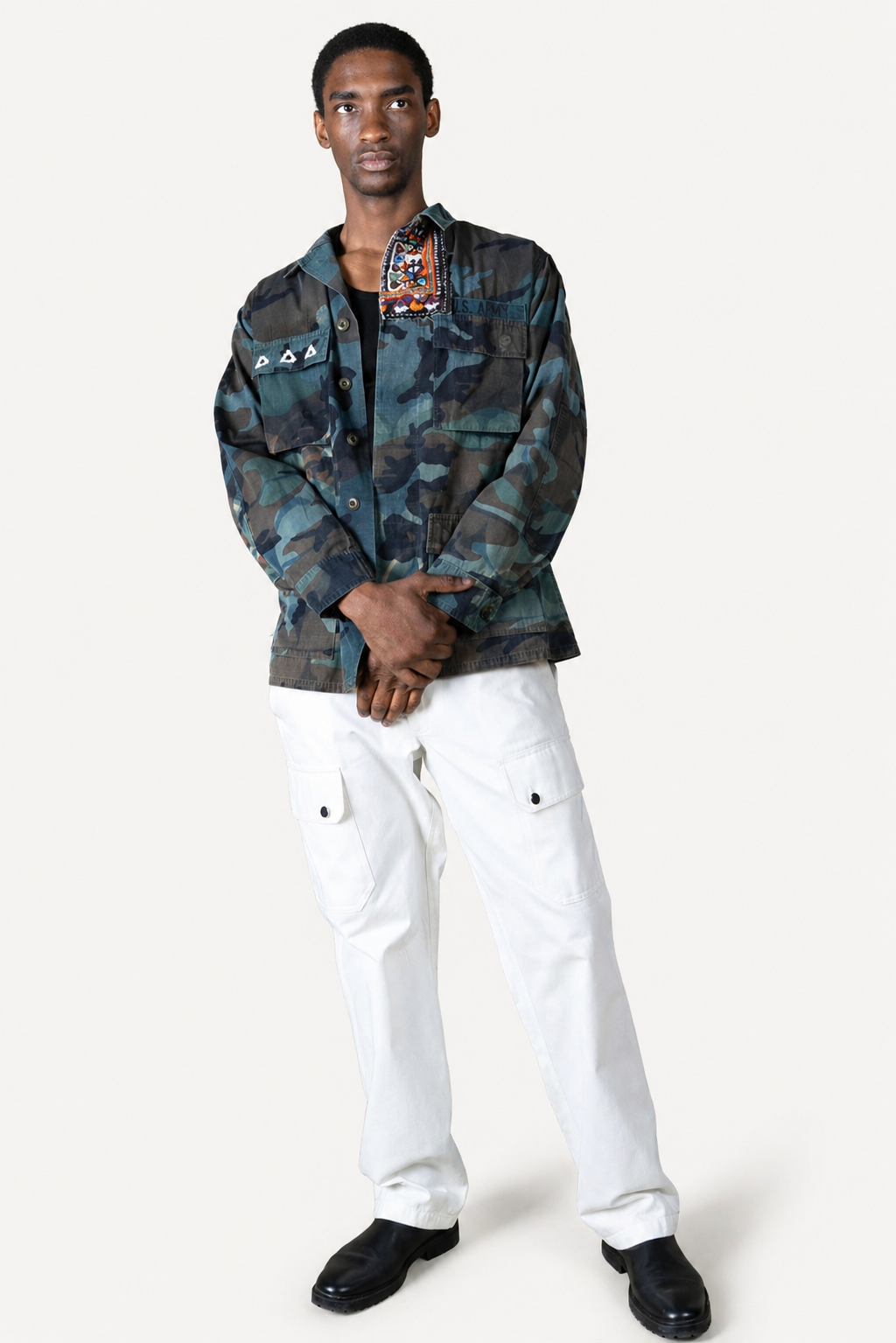 Handmade Indigo dye vintage army jacket with Traditional Kutch Block Print and Rabari mirror embroidery