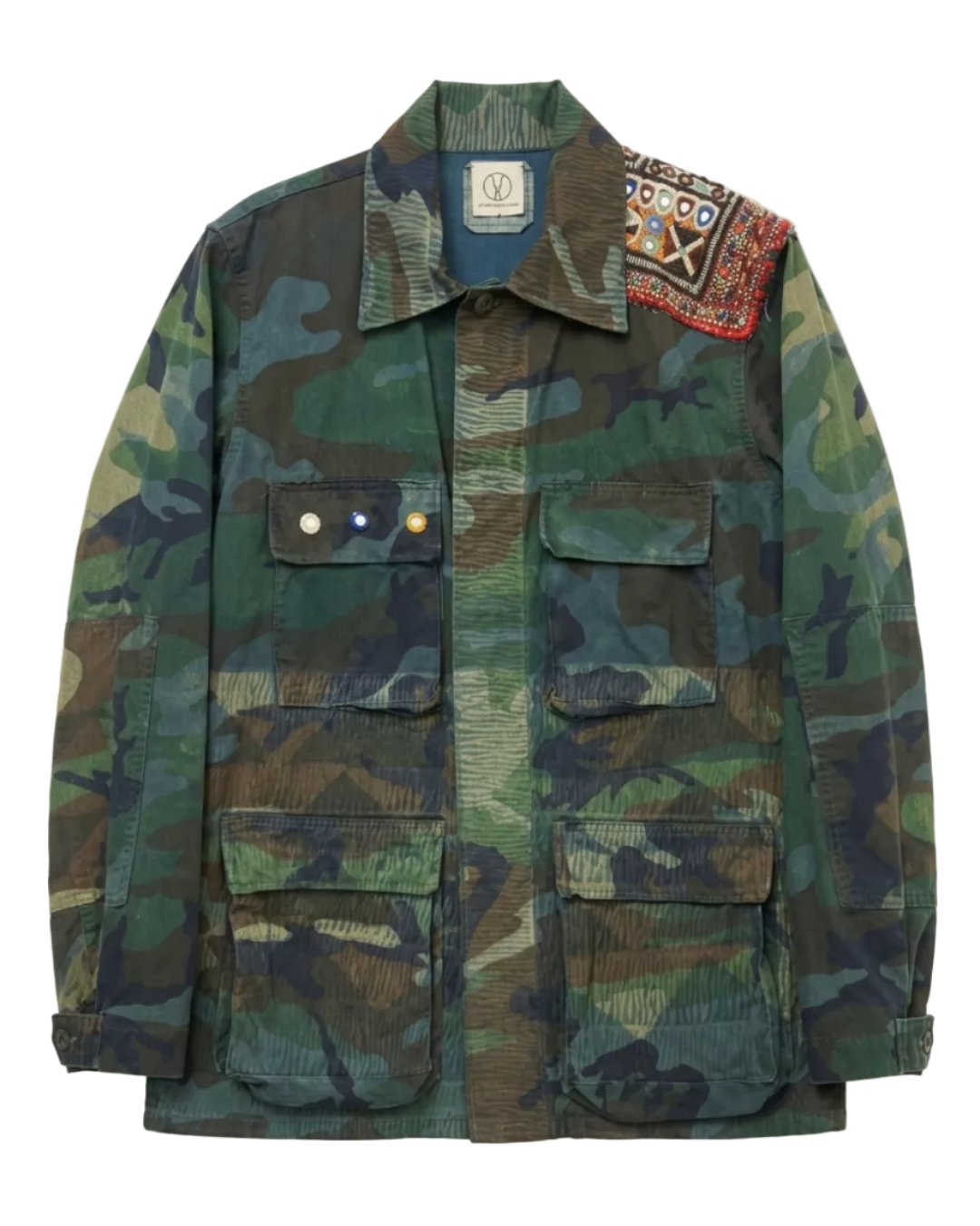 Handmade Indigo dye vintage army jacket with Traditional Kutch Block Print and Rabari mirror embroidery