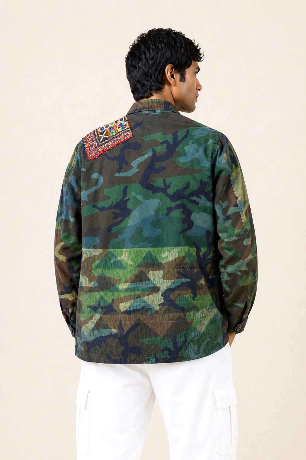 Handmade Indigo dye vintage army jacket with Traditional Kutch Block Print and Rabari mirror embroidery
