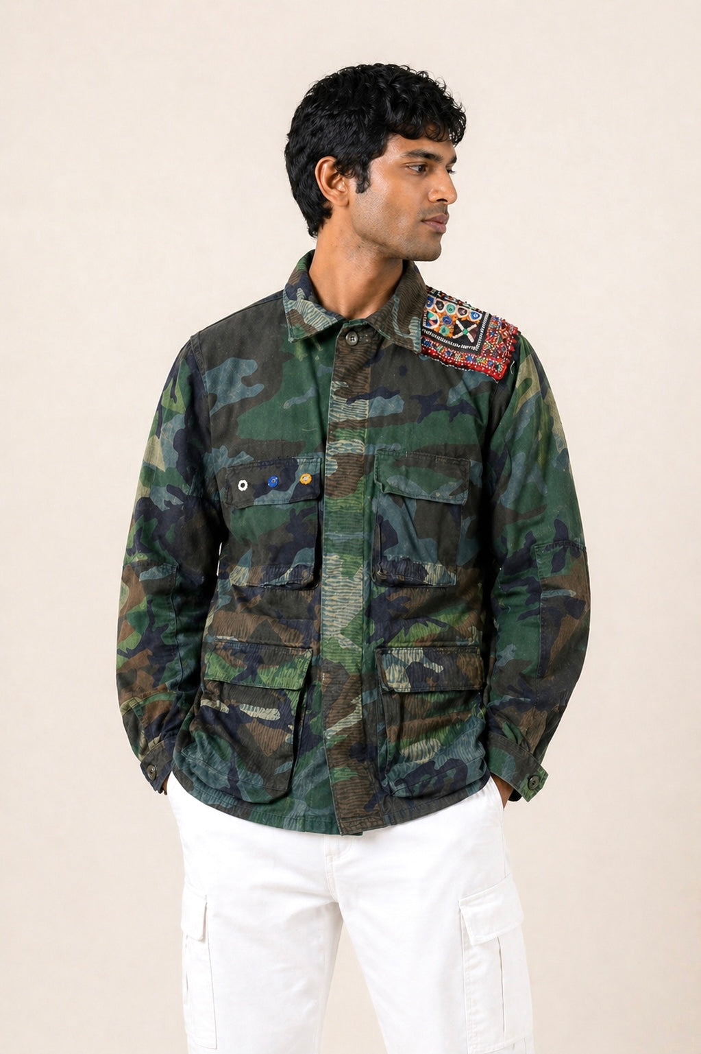 Handmade Indigo dye vintage army jacket with Traditional Kutch Block Print and Rabari mirror embroidery
