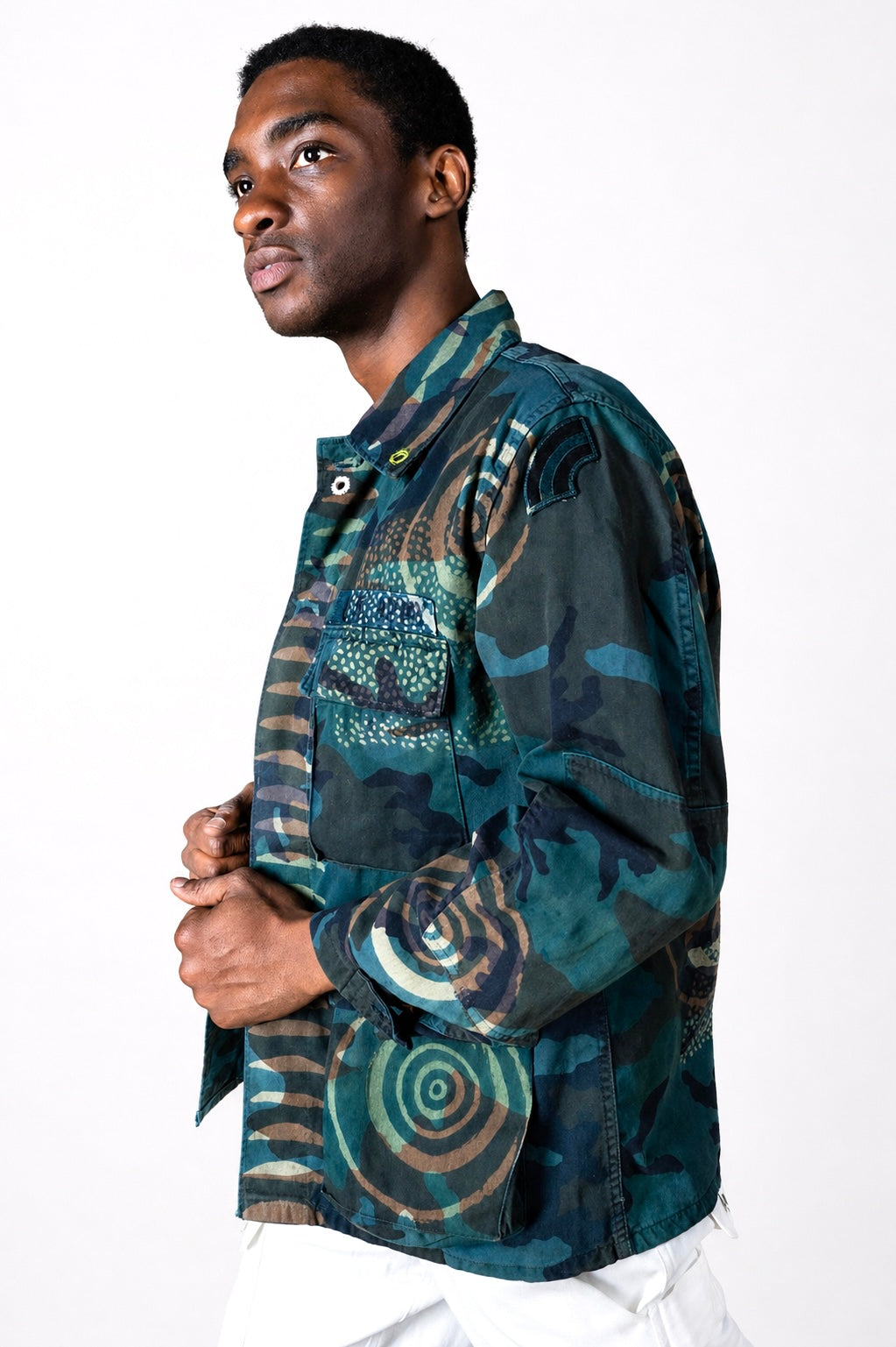 Handmade Indigo dye vintage army jacket with Traditional Kutch Block Print and Rabari mirror embroidery