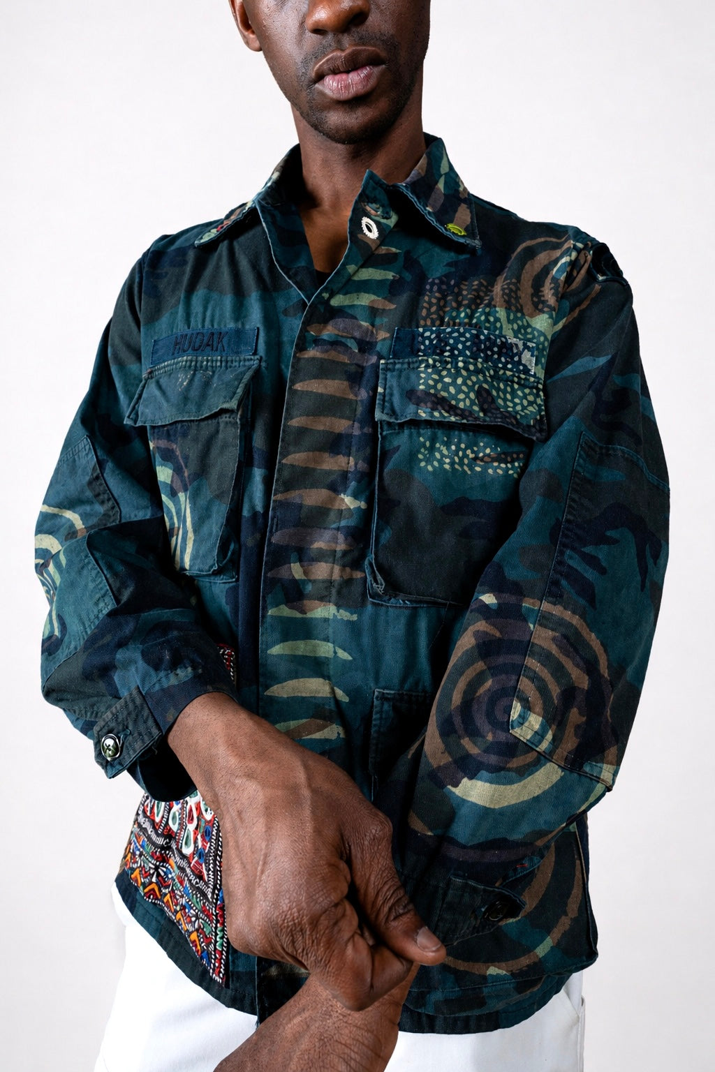Handmade Indigo dye vintage army jacket with Traditional Kutch Block Print and Rabari mirror embroidery