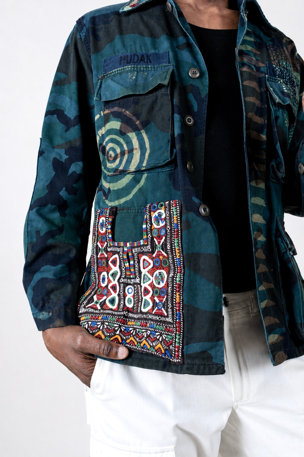 Handmade Indigo dye vintage army jacket with Traditional Kutch Block Print and Rabari mirror embroidery