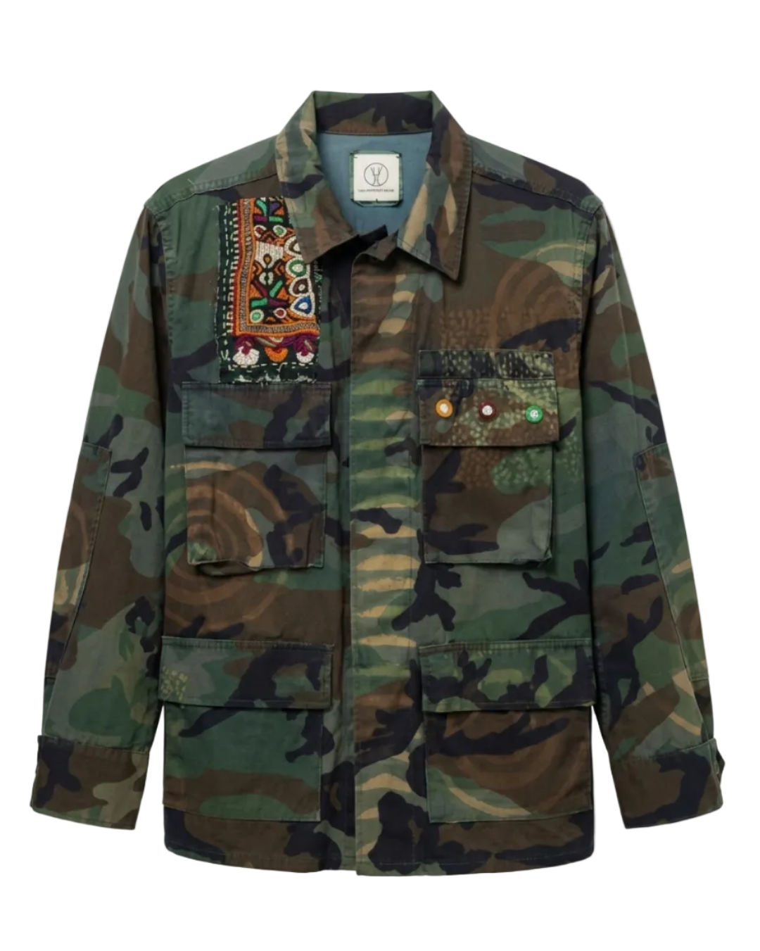 Handmade Indigo dye vintage army jacket with Traditional Kutch Block Print and Rabari mirror embroidery