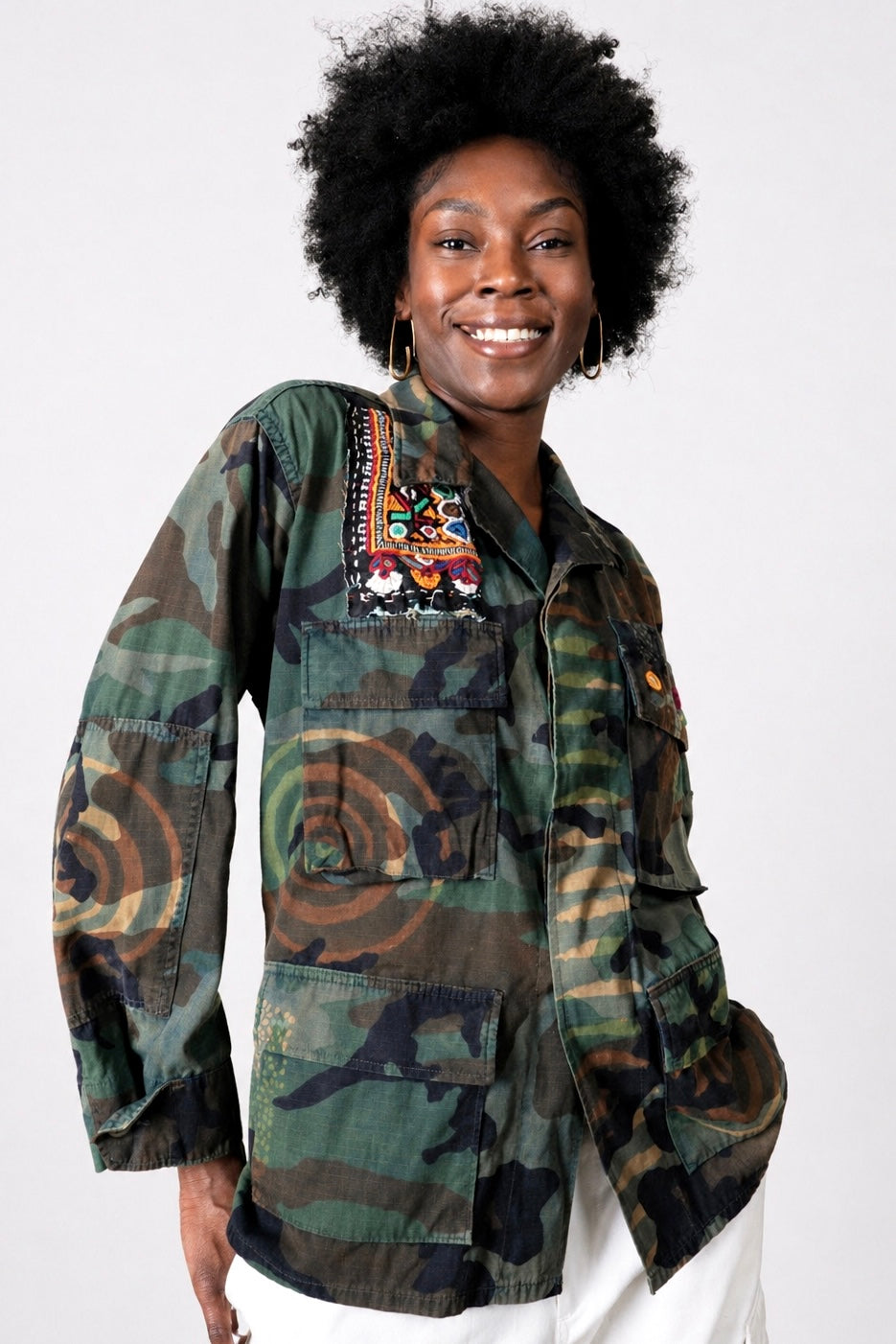 Handmade Indigo dye vintage army jacket with Traditional Kutch Block Print and Rabari mirror embroidery