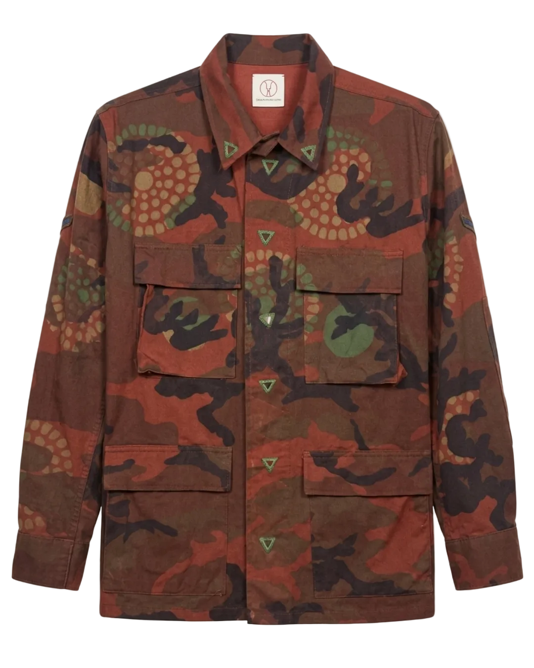 Exclusive reworked military jacket featuring earthy rust dye, subtle geometric patterning, and artisan mirror embroidery