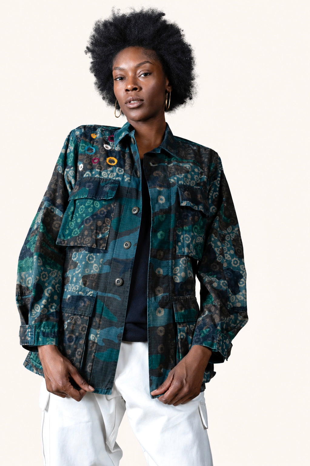 Handmade Indigo dye vintage army jacket with Traditional Kutch Block Print and Rabari mirror embroidery