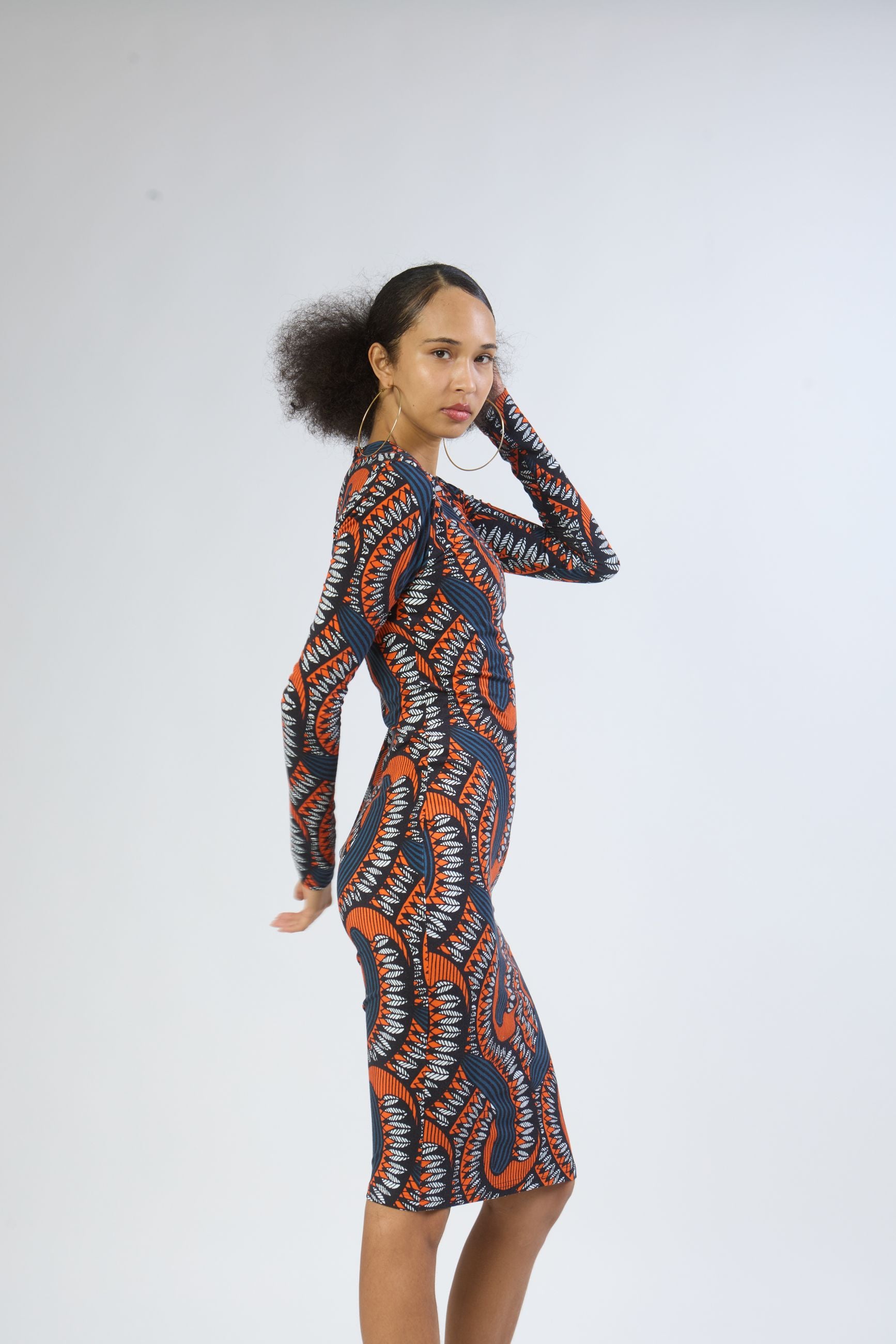 long sleeve multicolor graphic print dress side view