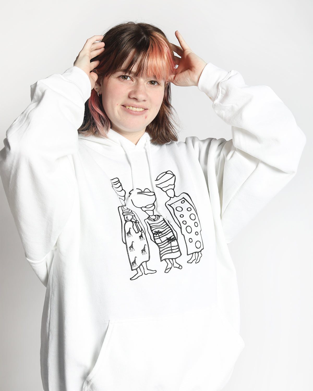 White hoodie with black african motif print