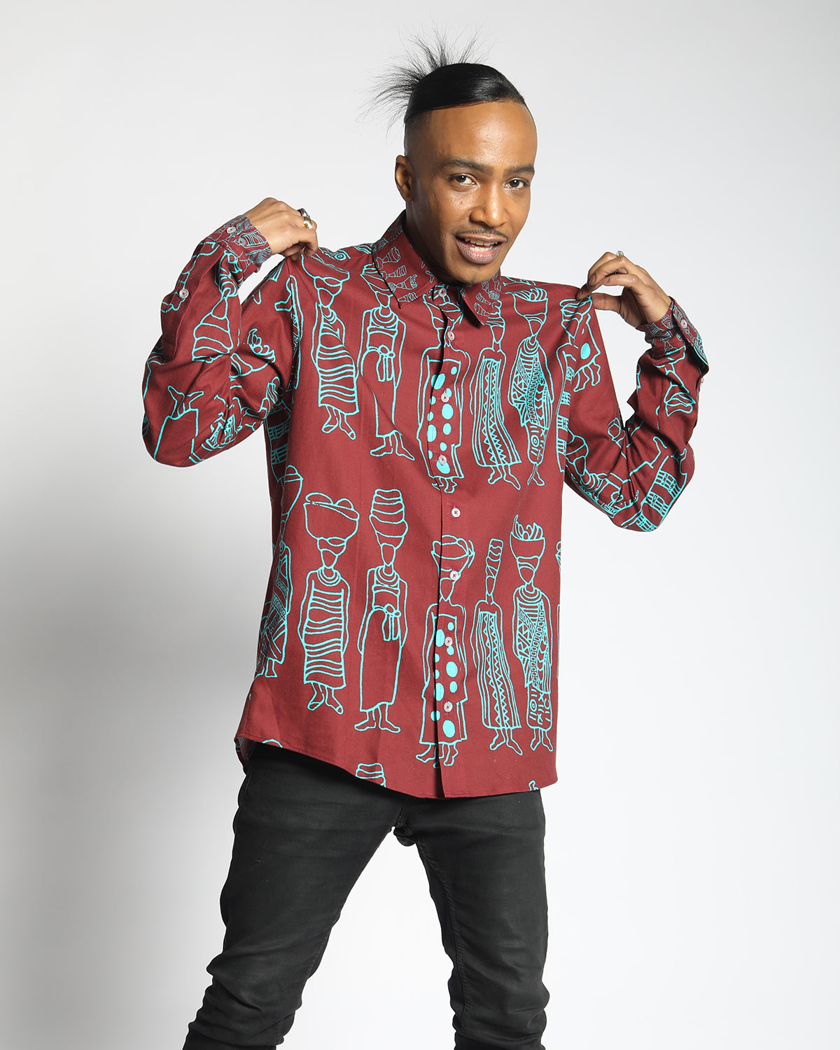 Model wearing African motif print shirt