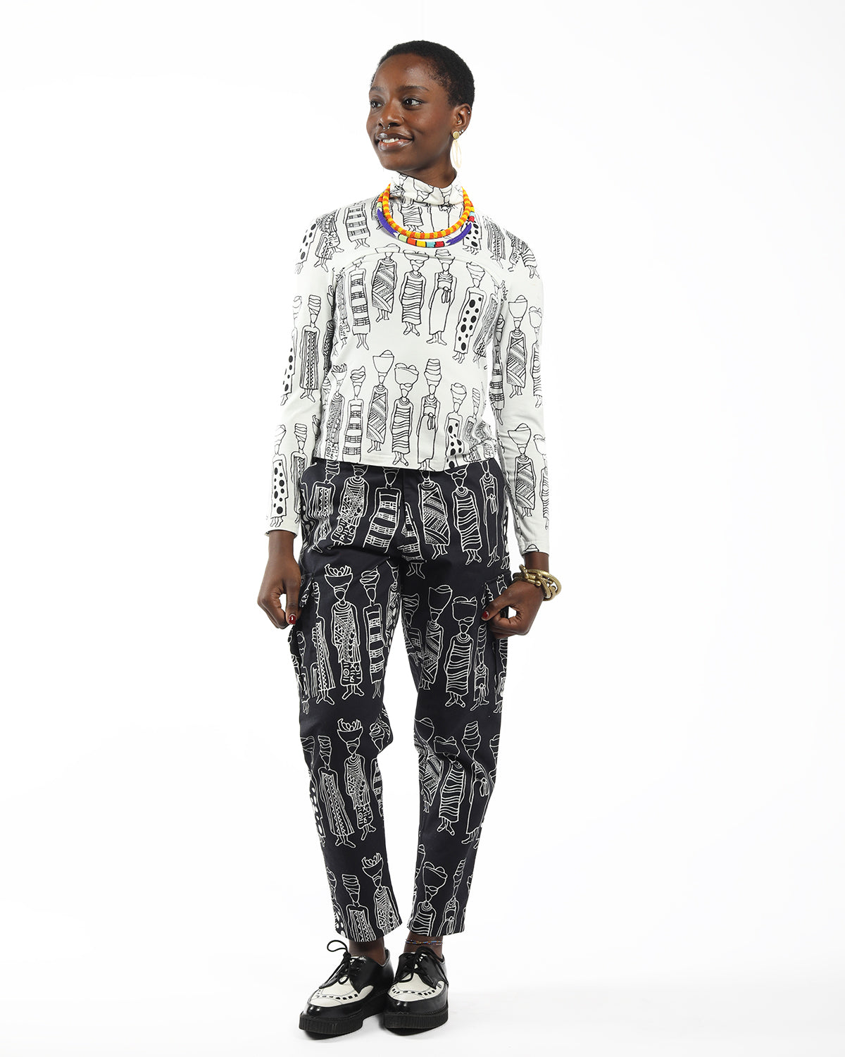 model wearing sustainable unisex African pattern cargo pants