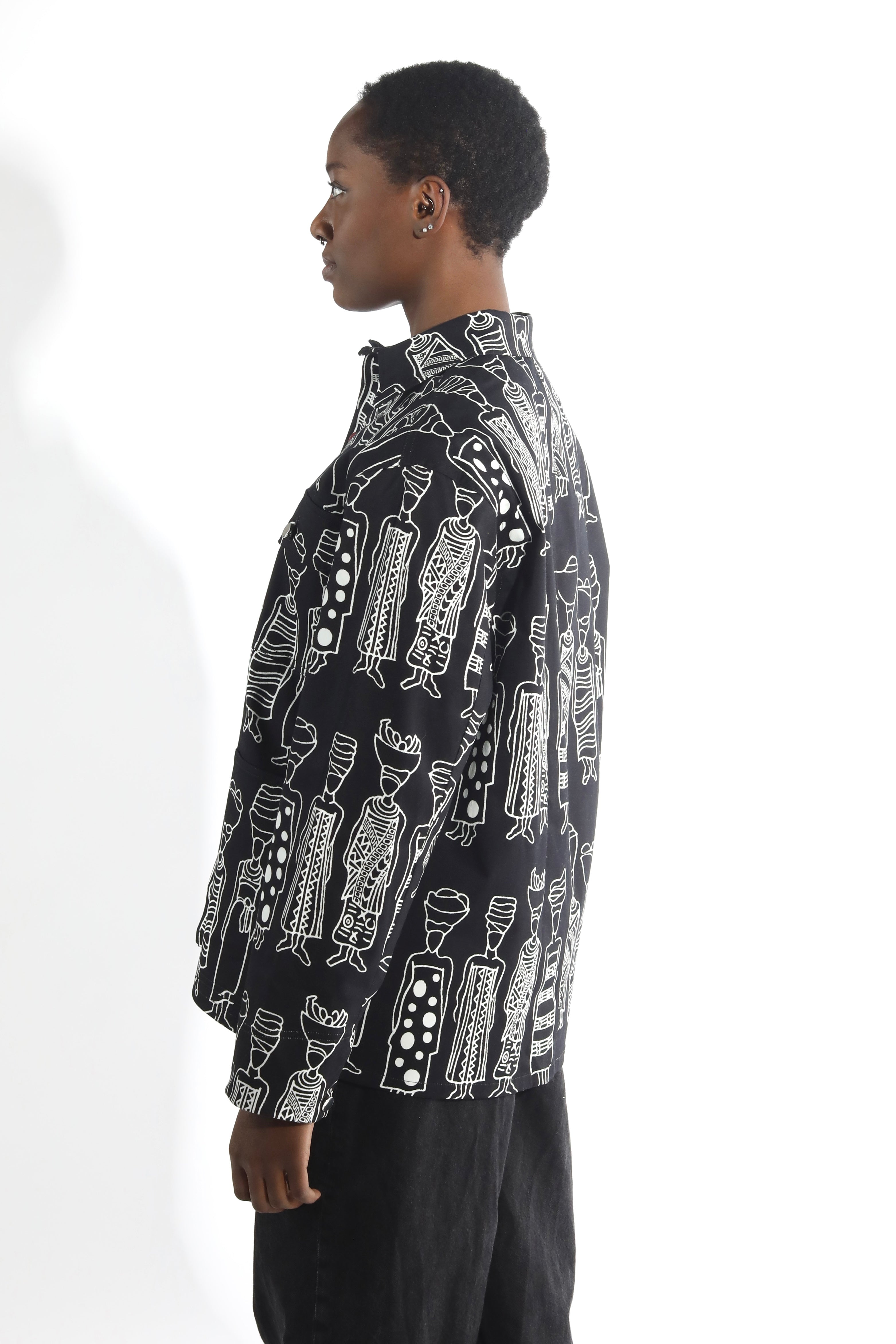 Bold black and white print ethical fashion stylish workwear coat