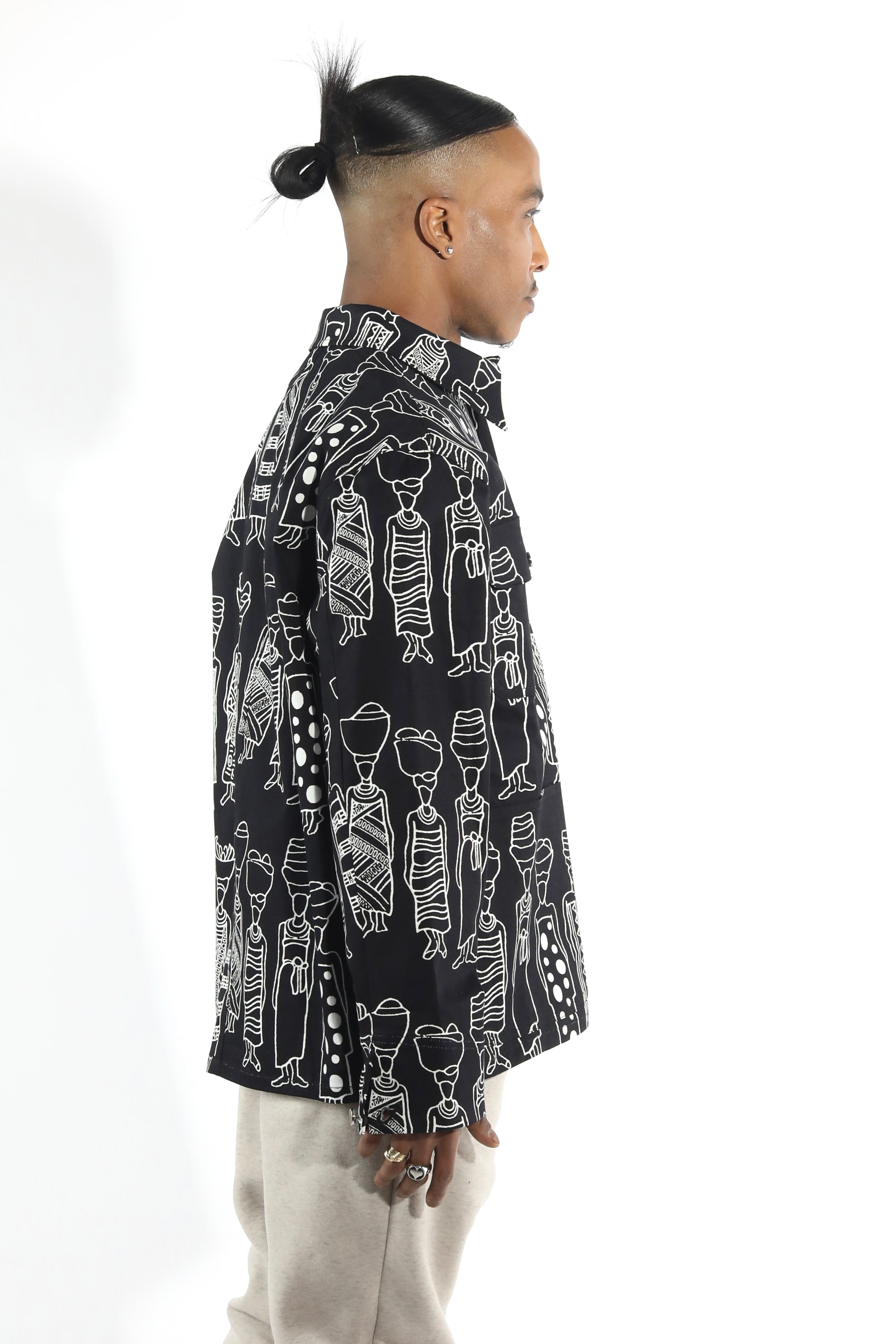 Black with white print stylish workwear inspired coat