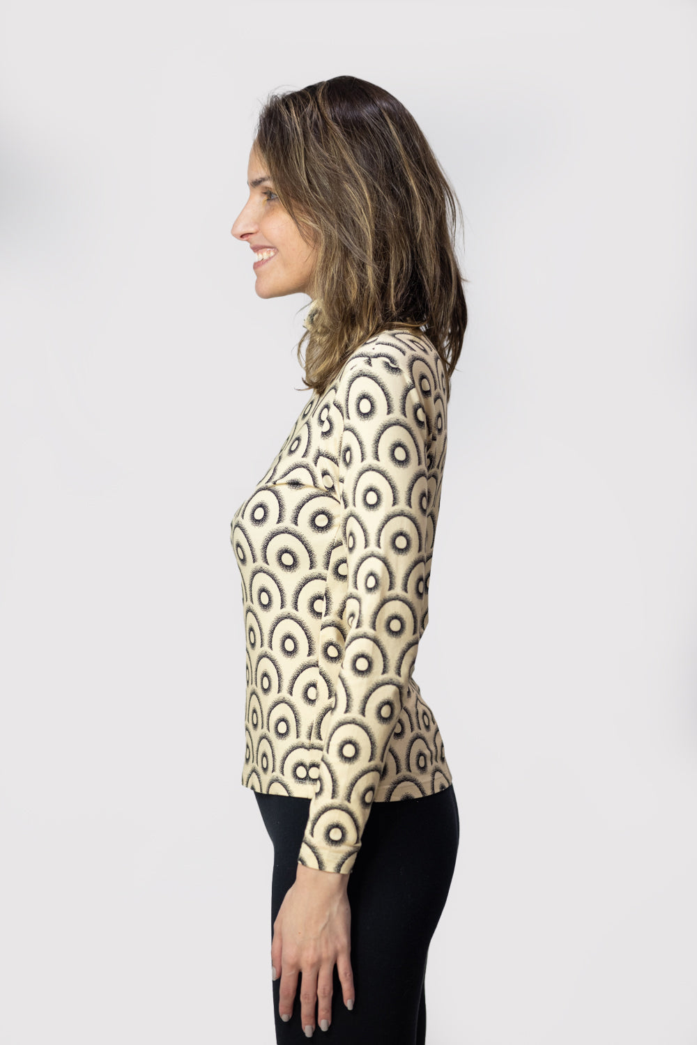 model wearing eco-friendly stylish fun long sleeve turtleneck