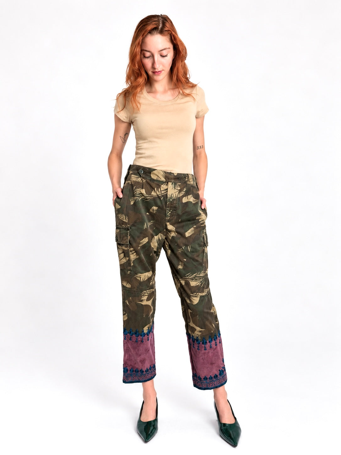 Tún Cargo Pants with Yellow Gold velvet panels, modeled