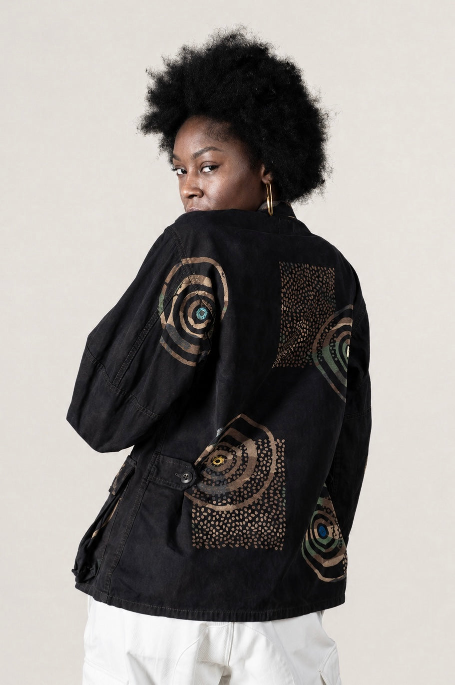 Exclusive handmade vintage army jacket with natural dye, Kutch block print, and mirror embroidery