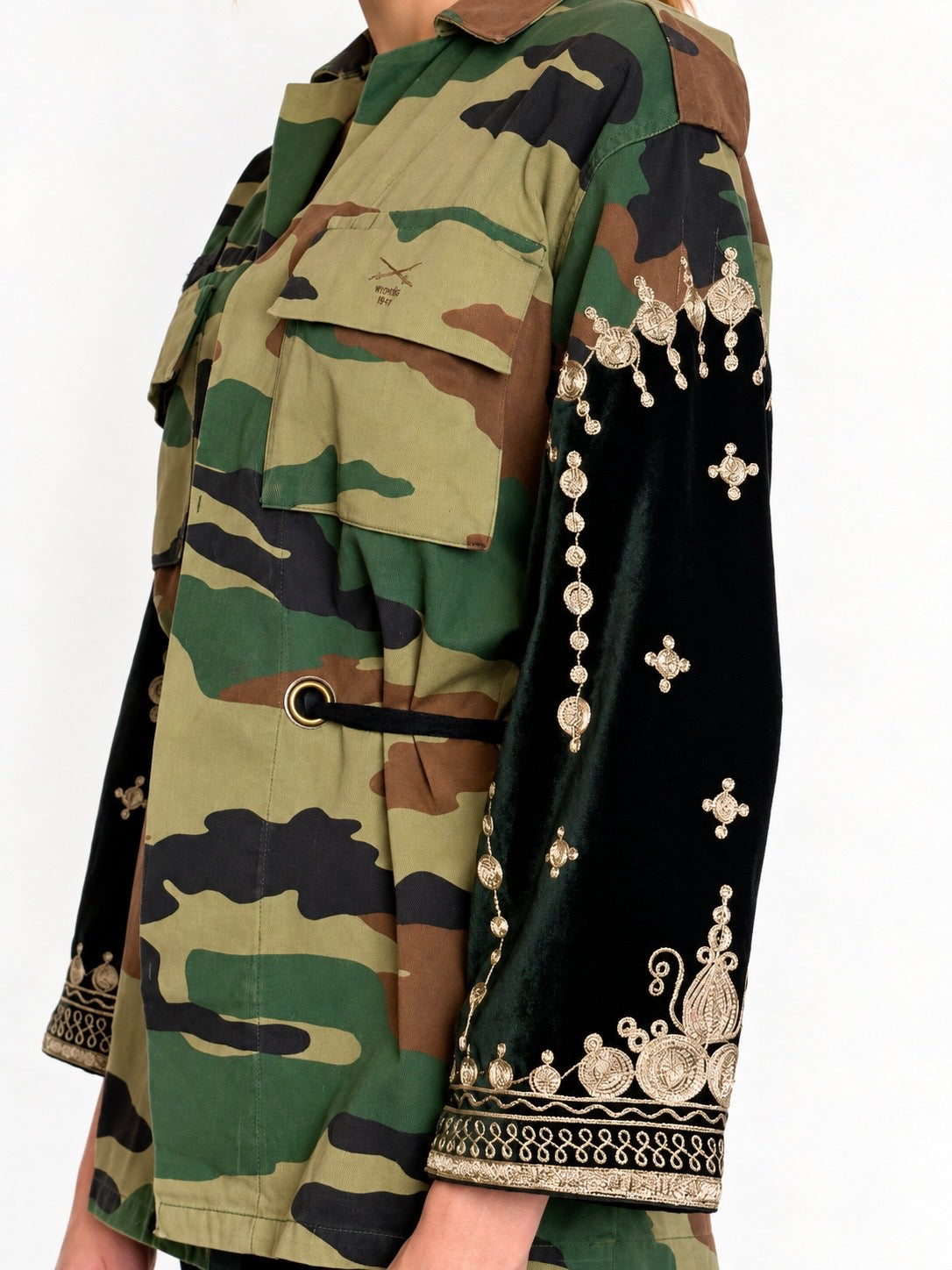 Fẹ́mi Jacket with black mirrored-face logo embroidery, back detail