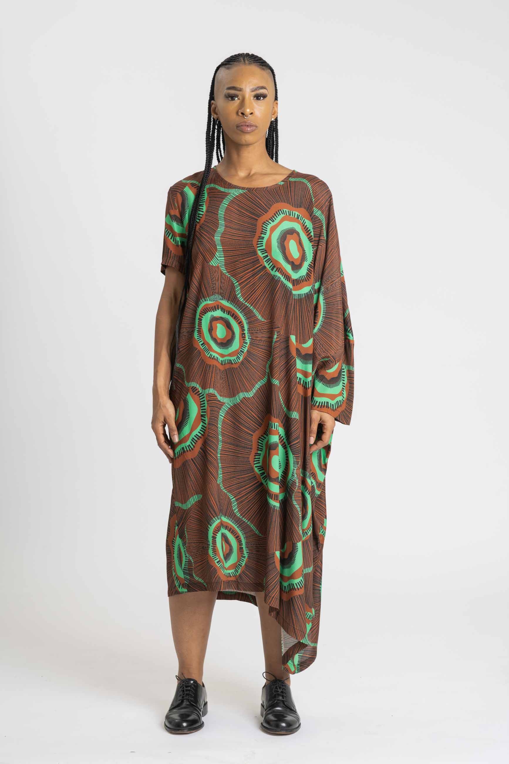Comet Assymetric Dress - OSHUN/ Brown