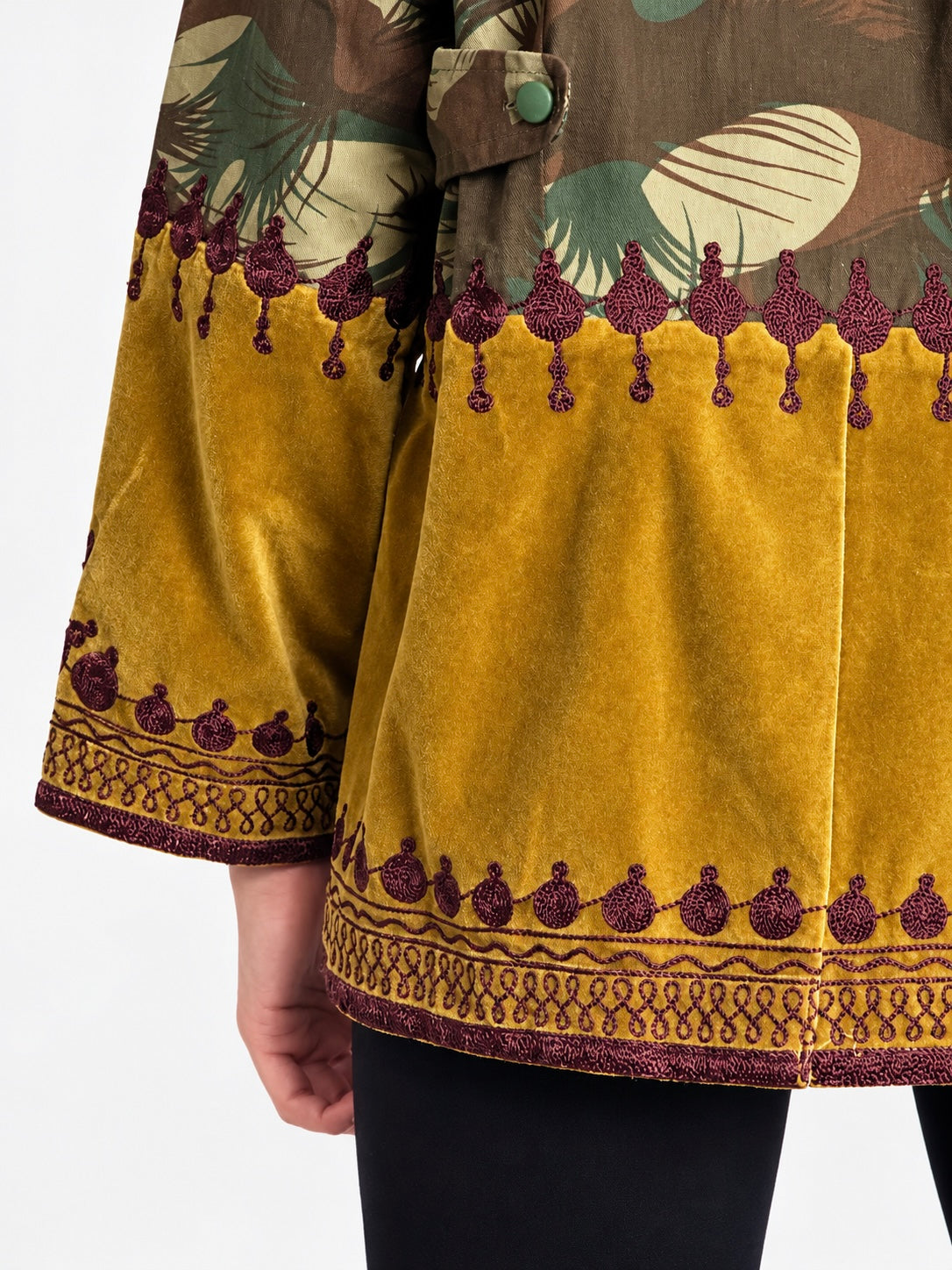 Tún Jacket in Yellow Gold velvet with burgundy embroidery, modeled front view