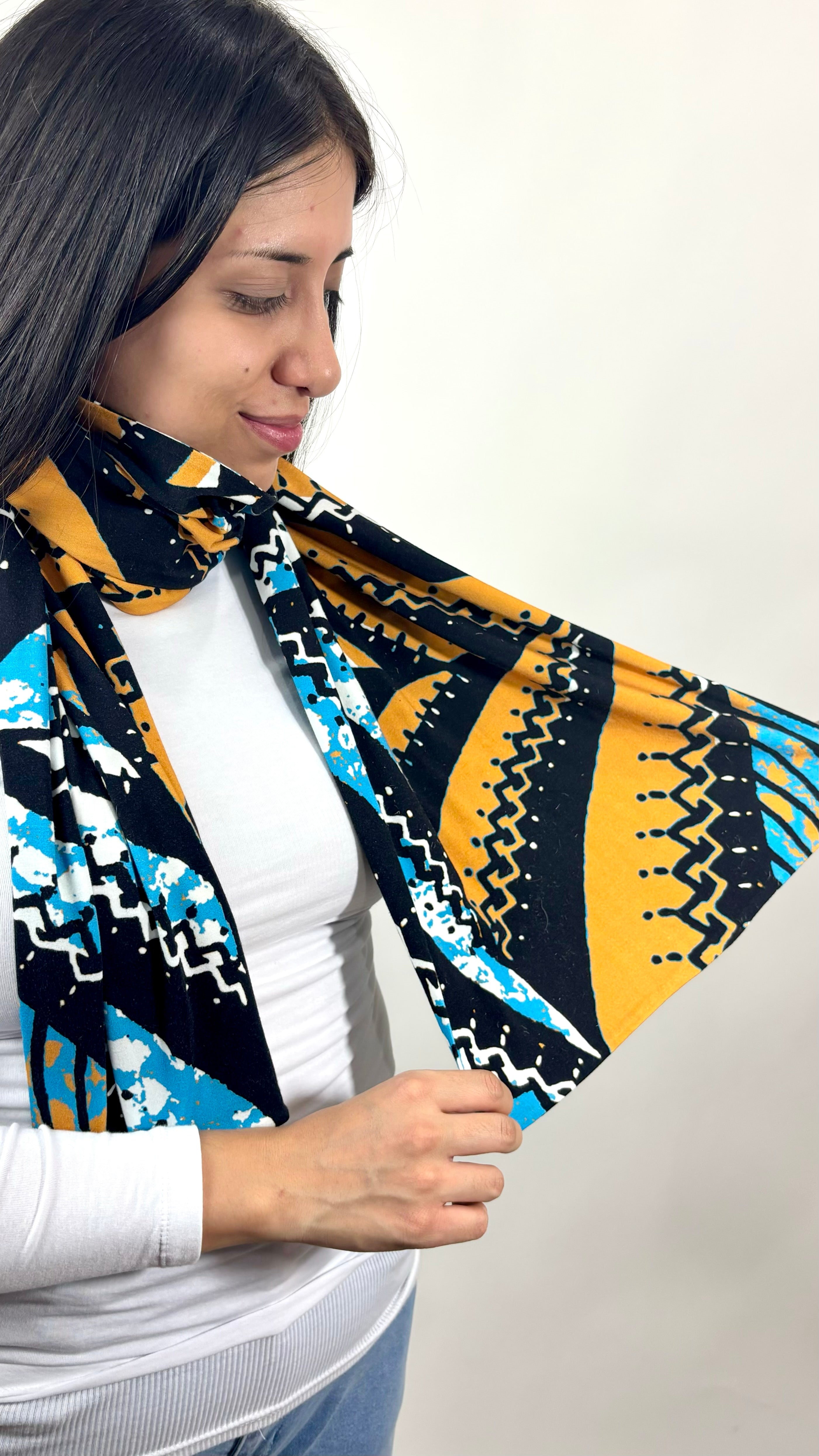 bold colorful print fashion scarf try on view