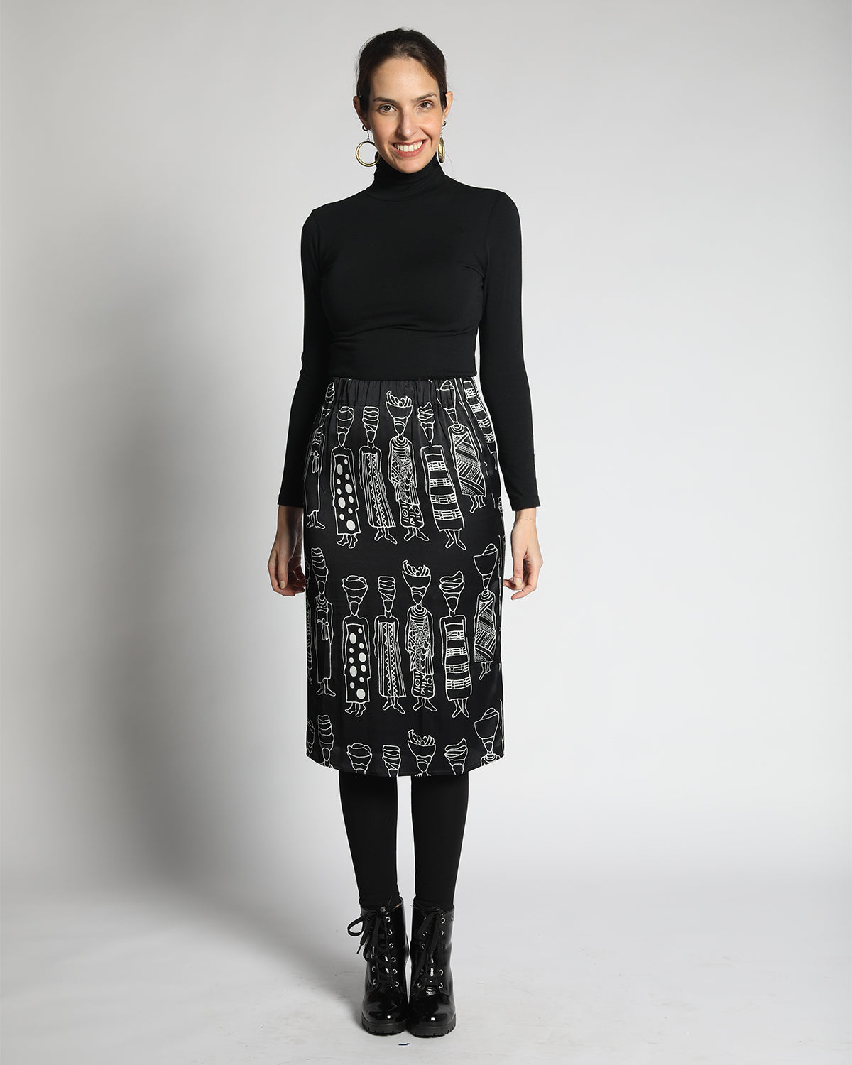 elastic waist Afrocentric patterned black skirt