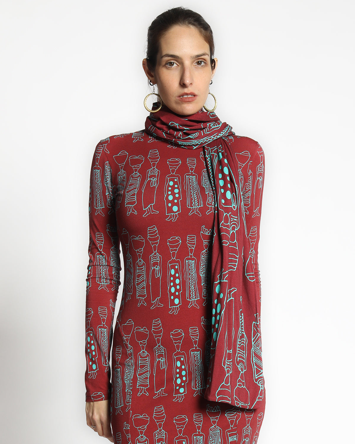 model wearing draped  bold printed bamboo cotton scarf