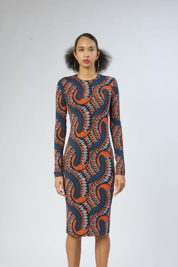 bold graphic print womens bodycon dress front view