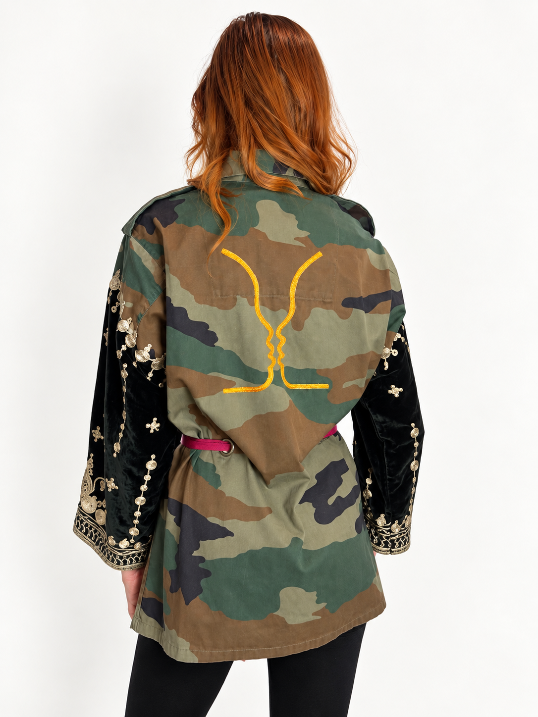 Fẹ́mi Jacket with gold embroidery, modeled front view