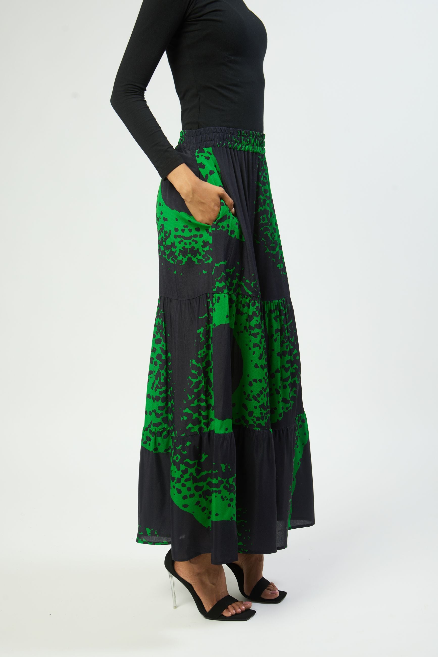 ecovero fabric elastic waist bold sunrise print skirt side view