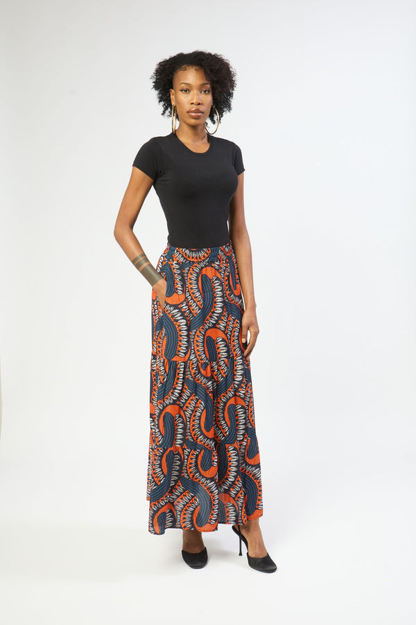 stylish abstract print maxi skirt front view