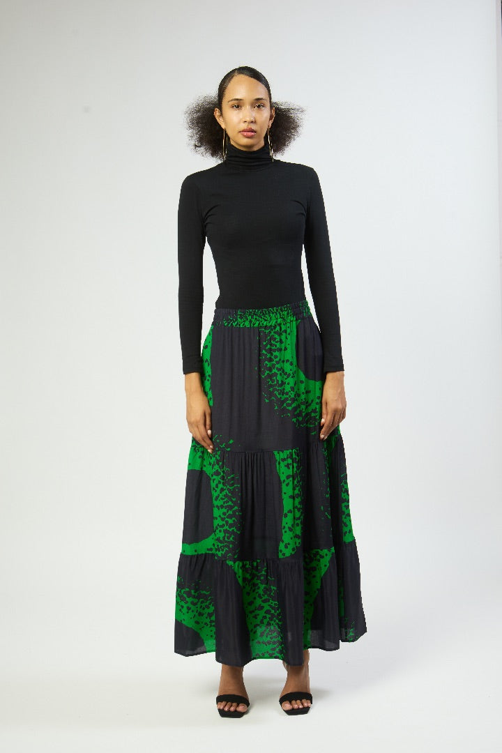 a line tiered sunrise print maxi skirt front view