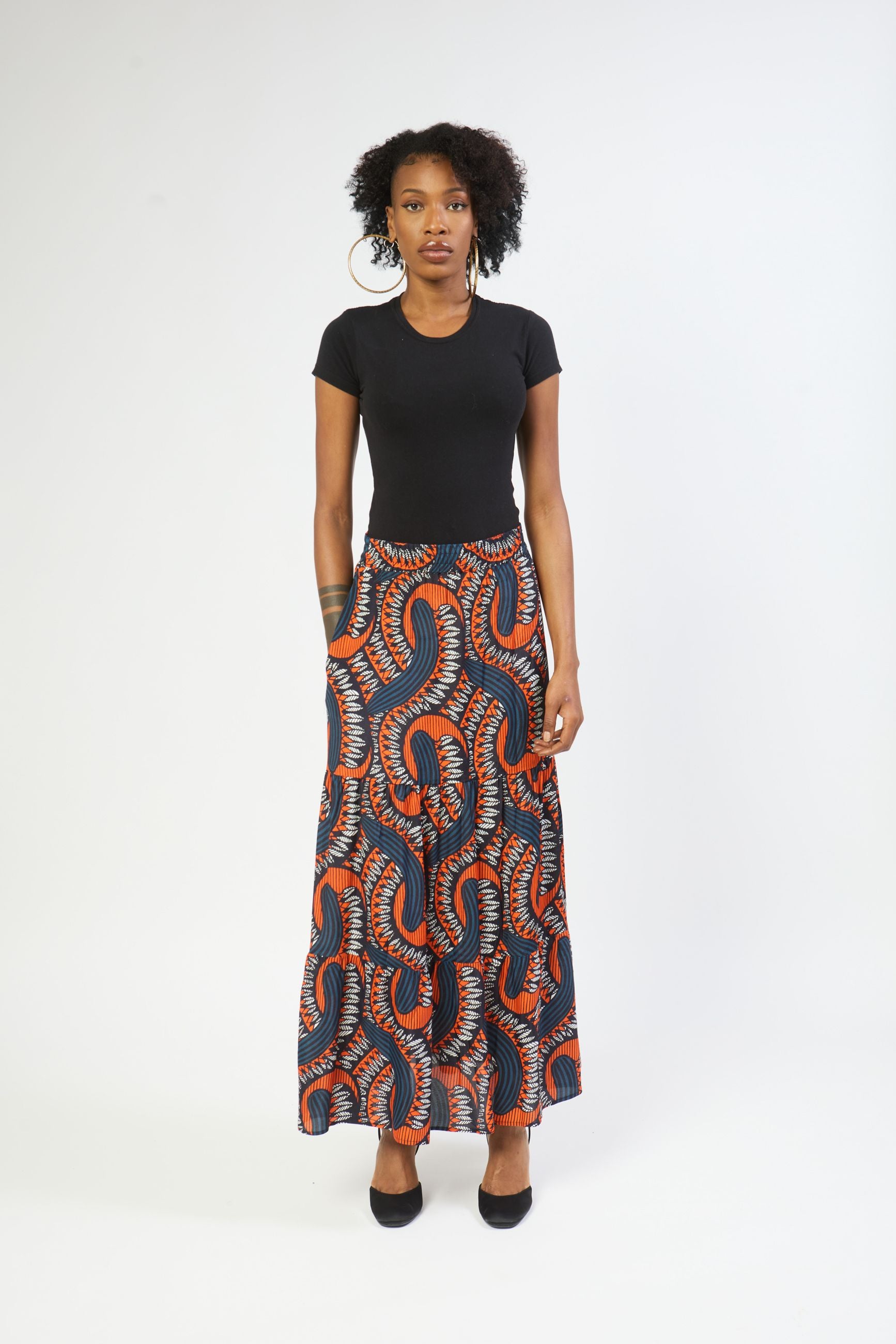 ecovero viscose tiered maxi skirt front view
